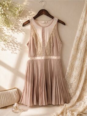 In Style Nude Lace Pleated Mini Dress Romantic Balletcore Cocktail Party M
